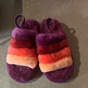 UGG Purple Plush Slide Sandals with Multicolor Straps